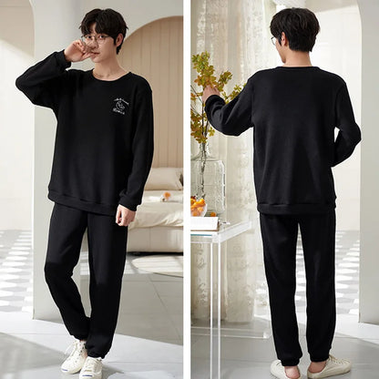 Men's Clothes Fall and Winter Pajamas Cotton Waffle Fashion Solid Color Comfortable Elastic Loungewear Homewear Youth Sleepwear