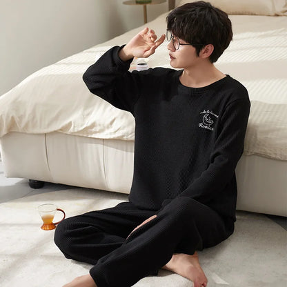 Men's Clothes Fall and Winter Pajamas Cotton Waffle Fashion Solid Color Comfortable Elastic Loungewear Homewear Youth Sleepwear