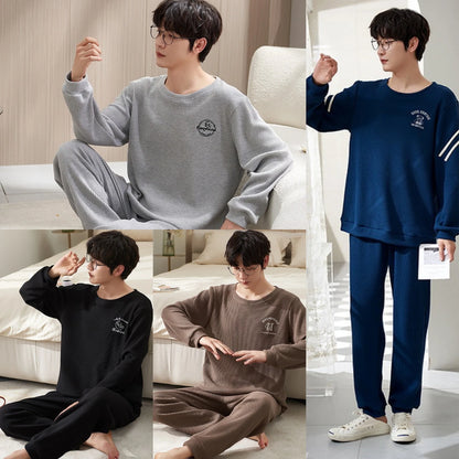 Men's Clothes Fall and Winter Pajamas Cotton Waffle Fashion Solid Color Comfortable Elastic Loungewear Homewear Youth Sleepwear