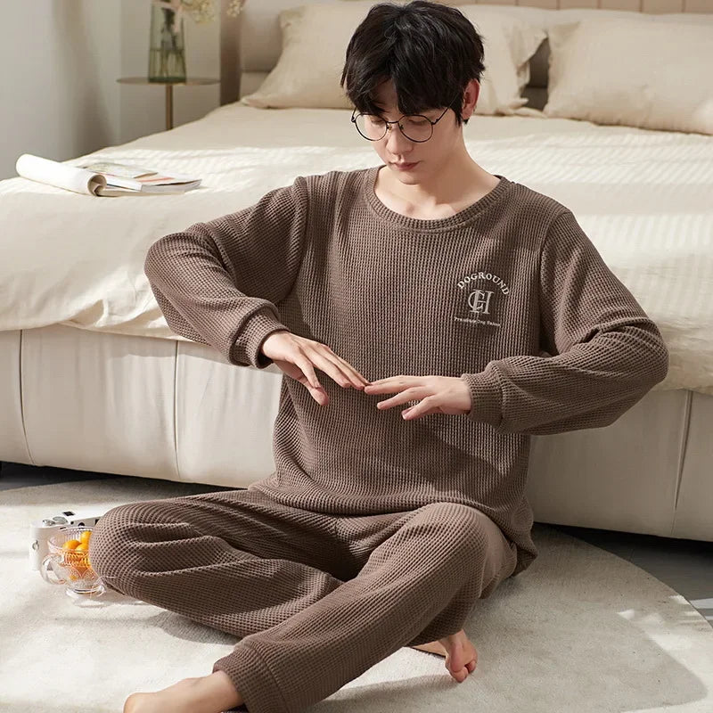 Men's Clothes Fall and Winter Pajamas Cotton Waffle Fashion Solid Color Comfortable Elastic Loungewear Homewear Youth Sleepwear