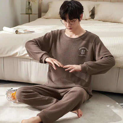 Men's Clothes Fall and Winter Pajamas Cotton Waffle Fashion Solid Color Comfortable Elastic Loungewear Homewear Youth Sleepwear
