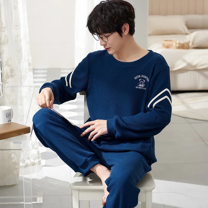 Men's Clothes Fall and Winter Pajamas Cotton Waffle Fashion Solid Color Comfortable Elastic Loungewear Homewear Youth Sleepwear